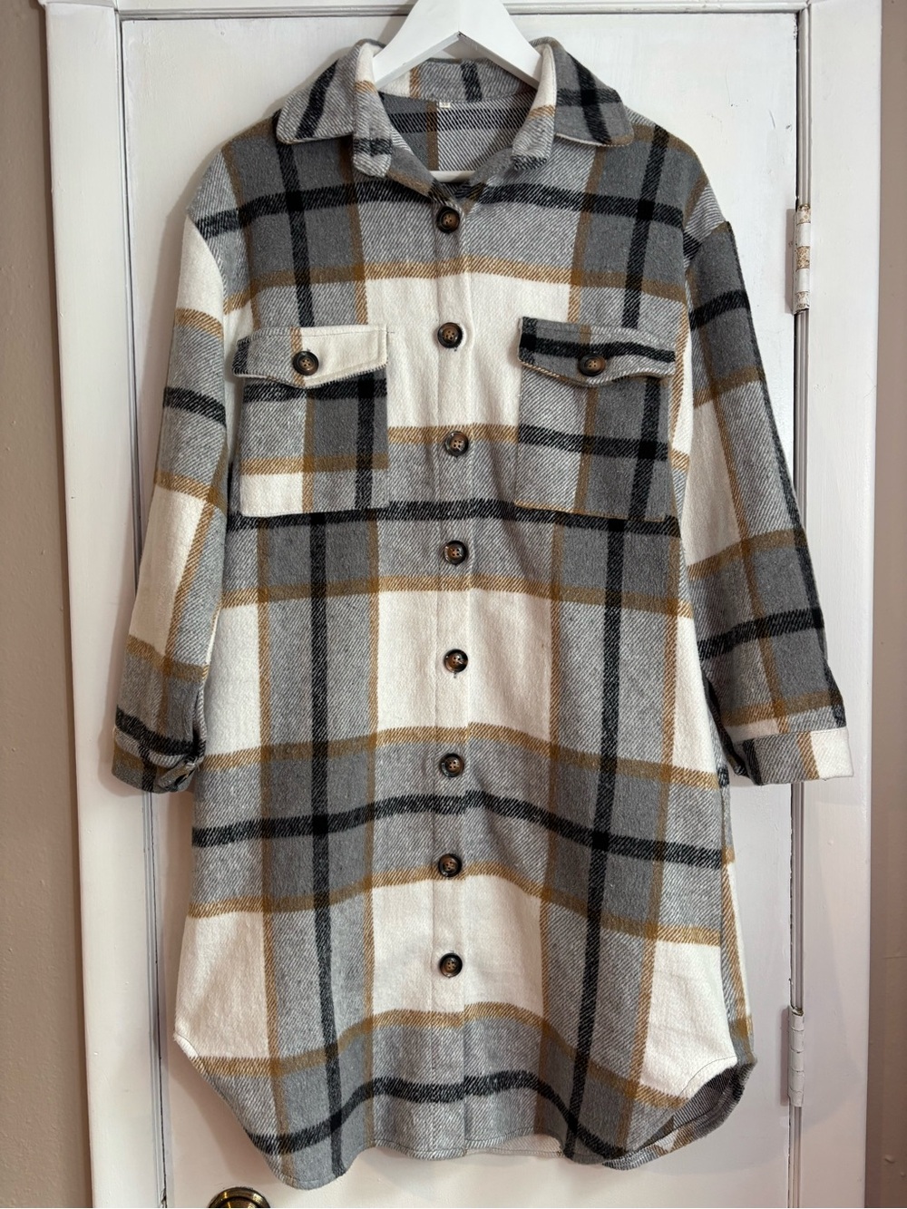 TEMU Women’s Plaid Button-Front Shacket - Cream, Gray & Tan